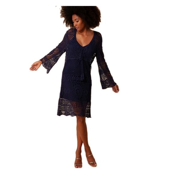 Hale BobKiki Crochet Dress M/ L Navy Blue Boho V-Neck Slip Lined Coastal Boho - Picture 1 of 12